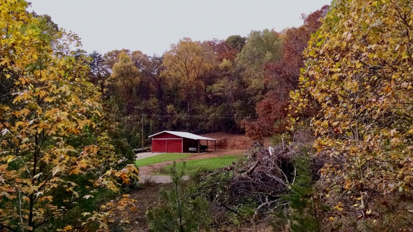 red pole barn with fall colors