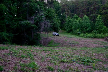 barn footprint staked with flags