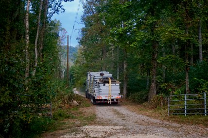 semi truck loaded with geodesic dome kit