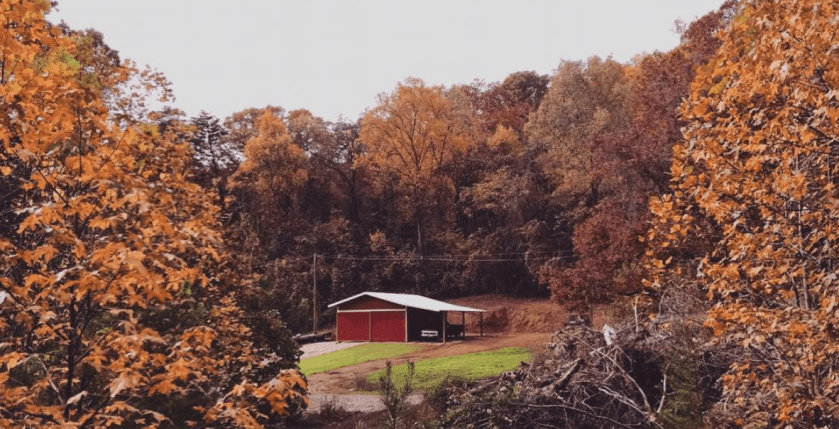 red barn with fall colors and green grass