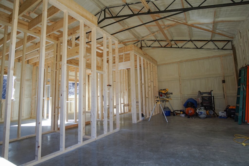 spray-foam insulated interior of pole barn