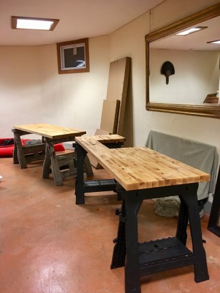 butcher block counters being finished on sawhorses