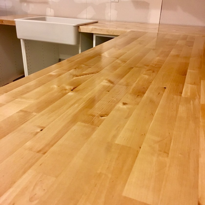 butcher block countertops in new construction kitchen