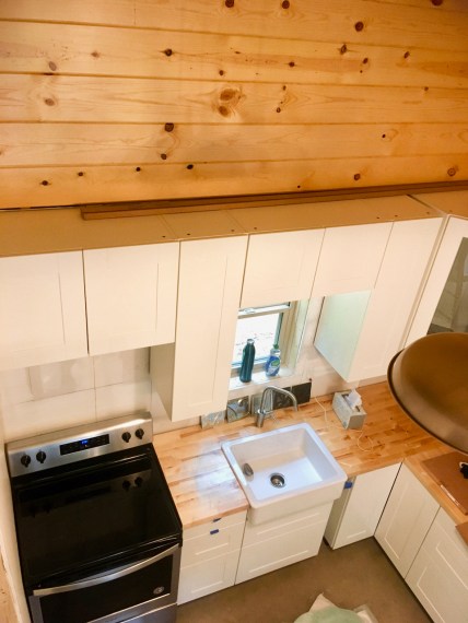 IKEA shaker kitchen with butcher block countertops from above